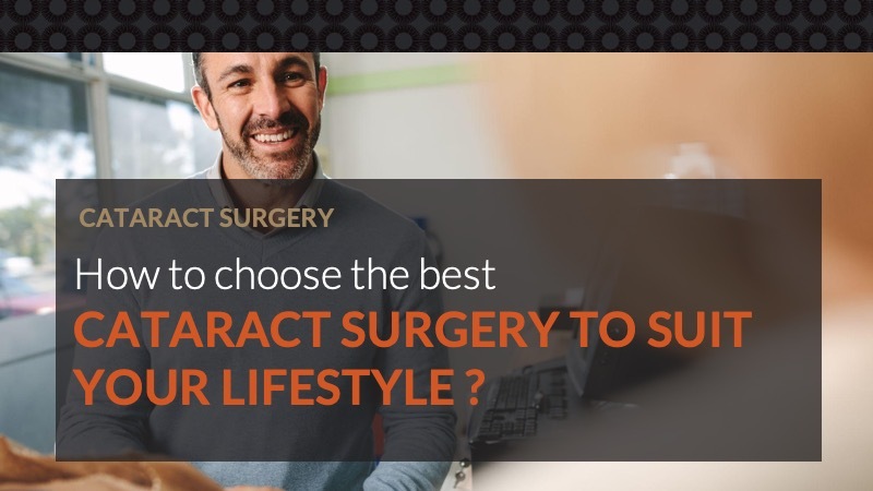 A mature man talking with an expert eye surgeon about the available options for cataract surgery