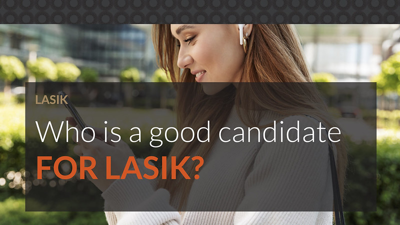 A young woman reading on her phone, checking her eligibility as a candidate for LASIK